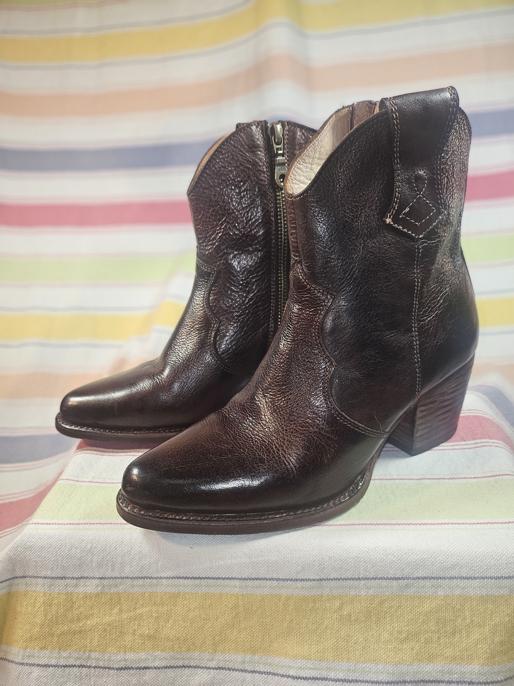 Women's Dark Brown Leather Western Ankle Boot with Block Heel